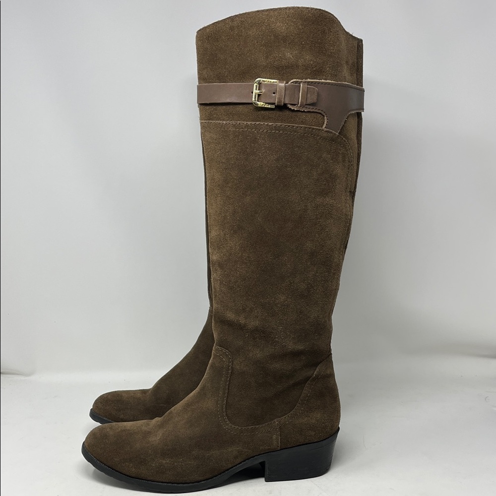 AUDREY BROOKE ADORE SUEDE LEATHER KNEE BOOTS BROWN WITH GOLD LOGO BUCKLE SZ 9.5